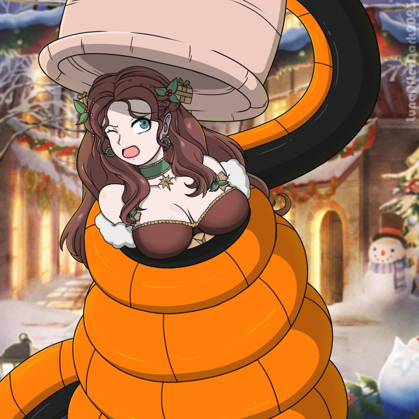 1girls 2023 alternate_costume alternate_hairstyle bondage braid breasts brown_hair cell_(dragon_ball) christmas crossover dorothea_arnault dorothea_arnault_(winter) dragon_ball dragon_ball_z femsub fire_emblem fire_emblem:_three_houses fire_emblem_heroes fire_emblem_warriors:_three_hopes green_eyes imminent_vore long_hair lunaafterdark mouth nintendo official_alternate_costume official_alternate_hairstyle one_eye_closed open_mouth snow tied tied_up white_skin wrapped wrapped_tail wrapped_up