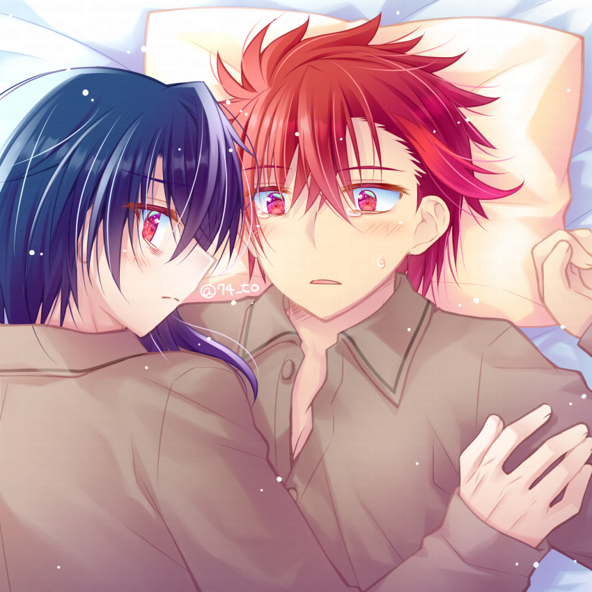 2boys alcryst_(fire_emblem) bed blue_hair diamant_(fire_emblem) femboy fire_emblem fire_emblem_engage looking_at_viewer looking_back male male_only medium_hair multiple_boys nervous nintendo on_back on_bed open_mouth red_eyes red_hair sasaki_fumi shirt short_hair tearing_up tears yaoi