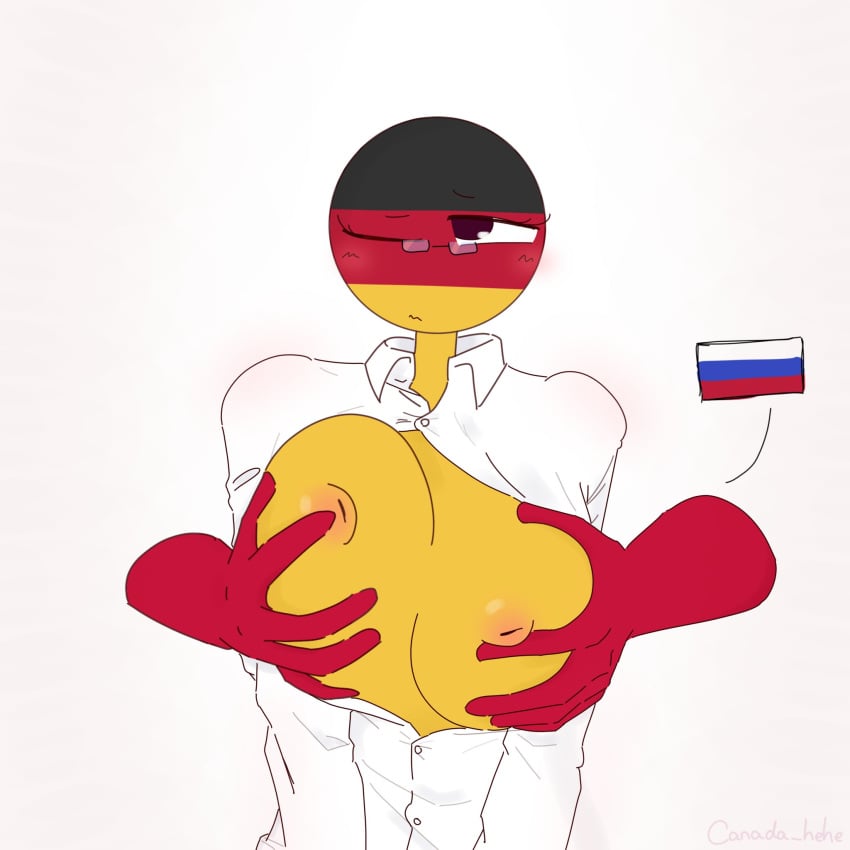 1boy 1girls breast_grab breast_play countryhumans countryhumans_girl female germany germany_(countryhumans) glasses groping_breasts groping_from_behind red_body rusger russia russia_(countryhumans) russian_flag shirt xx.canada.xx yellow_body