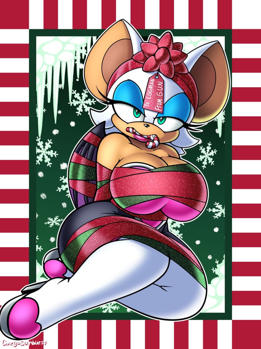 1girls anthro bat bedroom_eyes big_ass big_breasts blue_eyeshadow bondage boob_window candy candy_cane candy_cane_in_mouth christmas clothed eyeshadow female female_only living_gift long_eyelashes looking_at_viewer omegasunburst ribbon ribbon_bondage rouge_the_bat sega sonic_(series) sonic_the_hedgehog_(series) thick_ass thick_thighs tied_up white_fur wrapped wraps