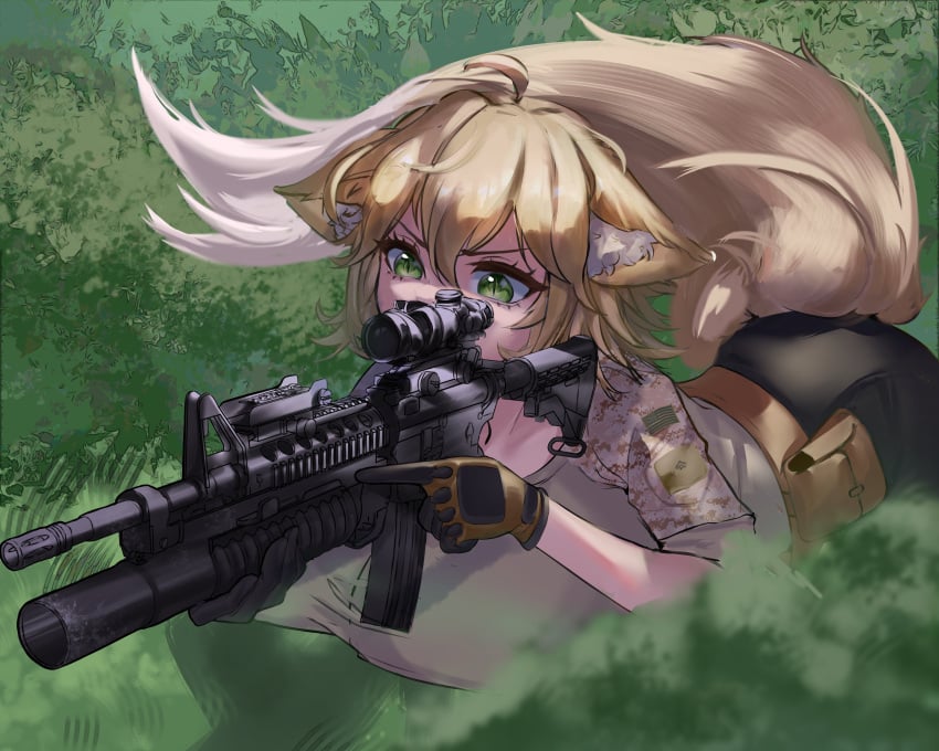 big_breasts blonde blonde_female blonde_hair camo camouflage dako_(beehaan) firearm fox_ears fox_girl fox_tail gun himiko_yuna huge_breasts large_breasts m203 military original_character prone rifle