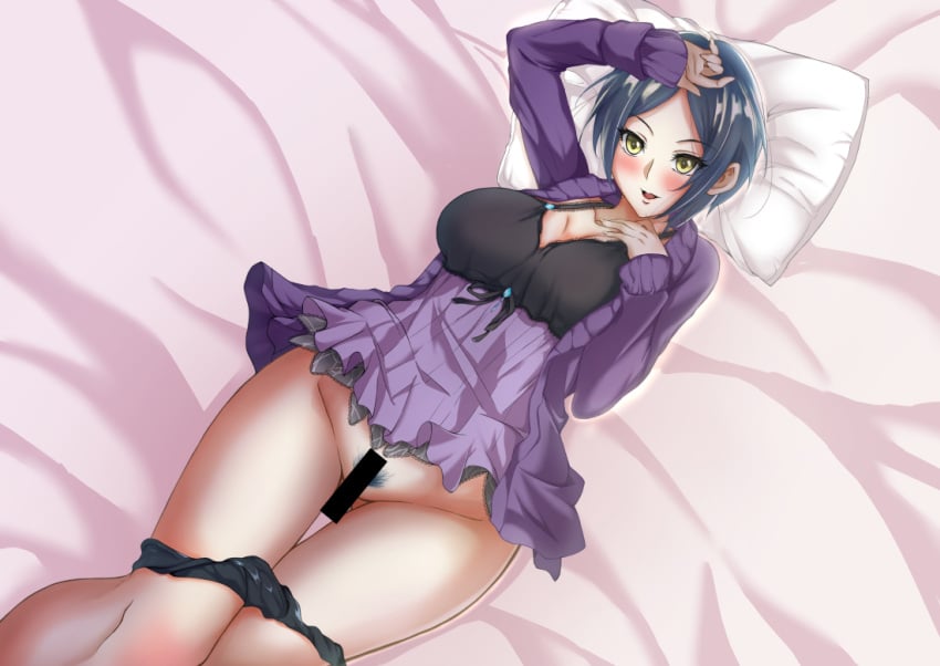 bar_censor bed_sheet black_panties blue_hair breasts censored dark_blue_hair female female_pubic_hair hand_on_own_face hayami_kanade idolmaster idolmaster_cinderella_girls large_breasts lc_7v2 lying nightgown on_back on_bed panties pubic_hair short_hair solo thighs underwear