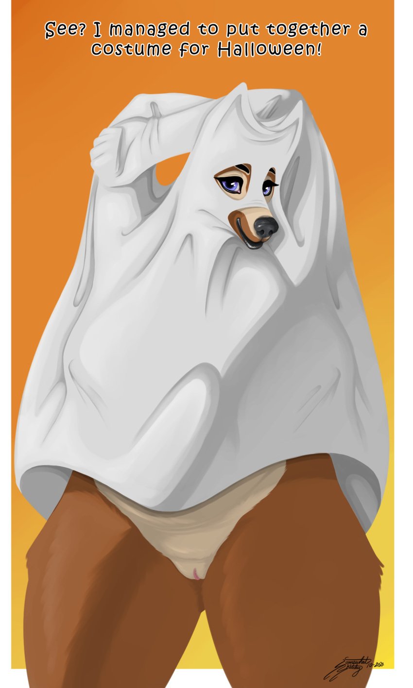 2021 3:5 anthro big_breasts black_nose blue_eyes bottomless breasts brown_body brown_fur canid canine canis clothed clothing curvy_figure domestic_dog english_text female fur genitals ghost_costume halloween hi_res holidays humanoid ineffective_clothing lips looking_at_viewer mammal nipple_outline pussy smile smirk solo somewhatsketchy text wide_hips