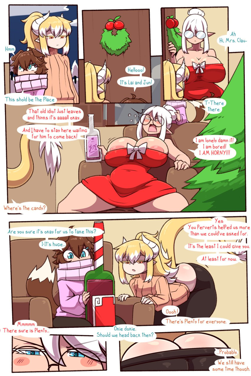 1futa 2boys alcohol animal_ears areola_slip areolae ass blonde_hair blue_eyes blush bottle bottom_heavy breasts brown_hair christmas christmas_tree cleavage clothed clothing comic couch daidaikon dialogue dog_boy dragon_boy dress drunk drunk_sex elf english_language english_text femboy fully_clothed futanari horns huge_ass huge_breasts humanoid inuko_jun kemonomimi lai-sa_sol large_breasts light-skinned_futanari light-skinned_male light_skin long_hair male megane merry_christmas mrs._claus multiple_girls nipple_slip nipples no_bra o_o opaque_glasses orange_eyes original original_character pants ponytail red_dress ribbed_sweater round_eyewear sitting speech_bubble strapless strapless_dress sweater sweater_dress tail text the_yeager thick_thighs thighs tied_hair trap turtleneck turtleneck_sweater white_hair wide_hips