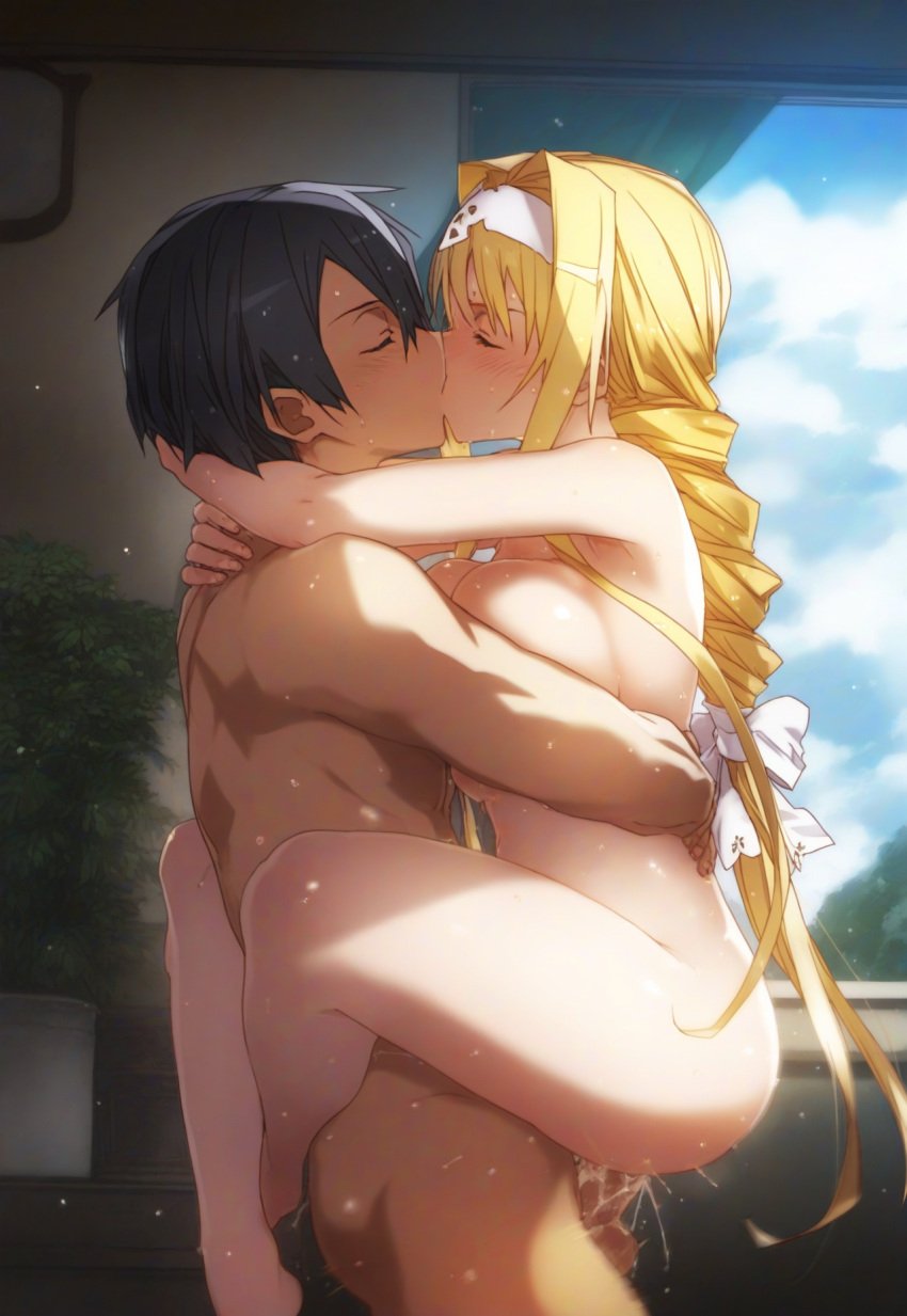 1boy 1girls ai_generated alice_schuberg alice_synthesis_thirty bed big_breasts black_eyes black_hair blonde_hair blue_eyes blush braid breasts cute hairband kirigaya_kazuto kirito kissing light-skinned_female light-skinned_male light_skin love nude nude_female nude_male open_mouth sex standing standing_sex sweat sword_art_online sword_art_online_alicization white_hairband wholesome wholesome_sex