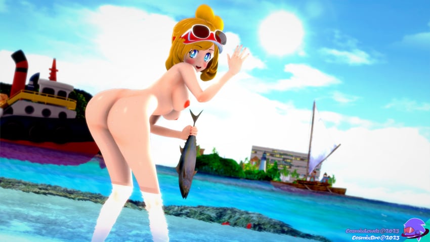 3d 3d_(artwork) ass ass_up coraline_(mii_plaza) cosmixlewds detailed_background detailed_shading fish island koikatsu light-skinned_female light_blue_eyes light_skin looking_at_viewer looking_back mii nintendo nintendo_3ds nude nude_female ocean solo solo_female standing streetpass_mii_plaza ultimate_angler underboob waving_at_viewer yellow_hair