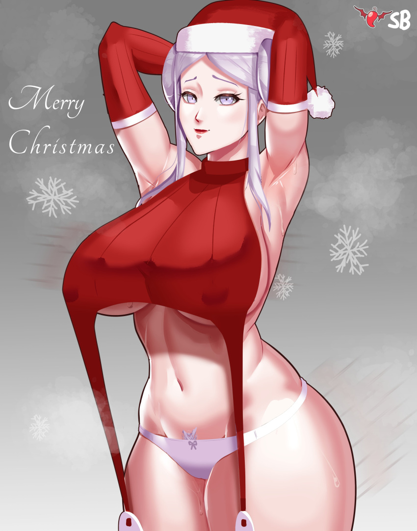 1girls arms_behind_head bare_thighs breasts christmas covered_nipples curvy edelgard_von_hresvelg elbow_gloves female female_only fire_emblem fire_emblem:_three_houses gloves hairbun hat hourglass_figure large_breasts looking_at_viewer nintendo panties post-timeskip santa_hat short_hair sideboob smile snowflake solo spicyburrd sweat sweater thick_thighs thighs underboob underwear virgin_destroyer_sweater voluptuous white_eyes white_hair white_panties wide_hips