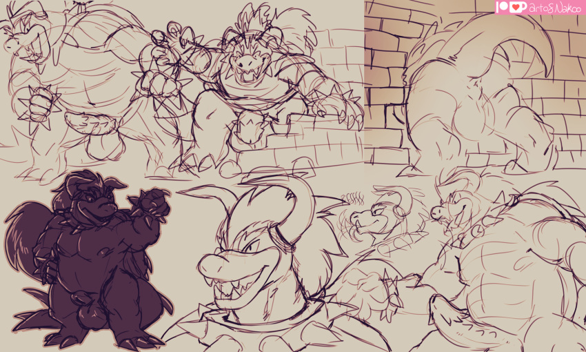 2021 anthro anus balls bowser claws conditional_dnp genitals hair hi_res horn koopa male male_focus mario_(series) muscular muscular_anthro nakoo nintendo penis scale_(disambiguation) scalie sketch solo_male spikes video_games