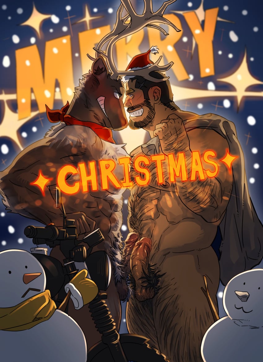 2boys abs absurdres animal_ears antlers arm_hair bara beard beard_stubble blush chest_hair chest_tuft christmas completely_nude deer_boy deer_ears erection excessive_pubic_hair eye_contact face-to-face facial_hair feet_out_of_frame from_side full_beard furry furry_male furry_with_non-furry girthy_penis hairy hat highres interspecies large_pectorals leg_hair looking_at_another male_focus mature_male merry_christmas multiple_boys muscular muscular_male navel_hair nipples nude original pectoral_docking pectoral_press pectorals penis penises_touching profile pubic_hair red_headwear reindeer_antlers reindeer_boy santa_hat seductive_smile short_hair smile snowman testicles thick_chest_hair thick_eyebrows thick_navel_hair thick_thighs thighs uncensored unspoken_(firebreath110) yaoi