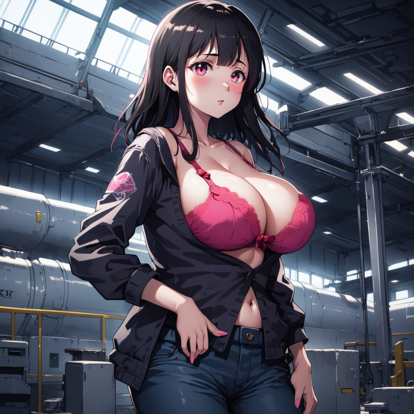 2023 ai_generated bangs black_hair black_jacket blush bra breasts cleavage collarbone denim female high_resolution highres indoors jacket large_breasts long_hair long_sleeves looking_at_viewer nail_polish navel open_clothes original pants parted_lips phalzu pink_eyes pink_nails self_upload solo underwear