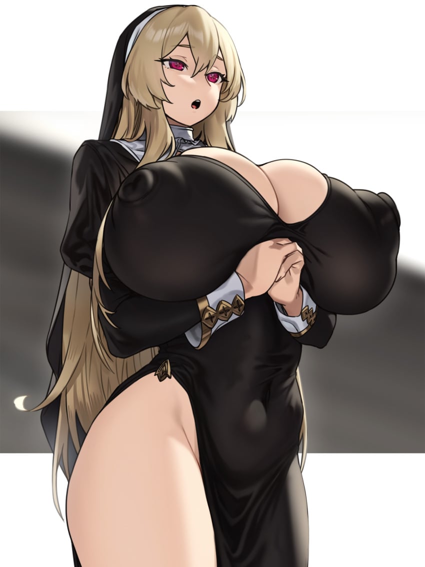 1girls 2023 absurd_res big_nipples black_dress blonde_hair breast_hold breasts cleavage covered_navel cross cross-shaped_pupils dress female female_only gigantic_breasts hair_between_eyes hands_together highres houtengeki huge_breasts juliet_sleeves long_hair nipple_bulge nun nun&#039;s_habit open_mouth original pink_eyes praying revealing_clothes skin_tight solo standing teeth thick_thighs thighs tight_clothing tongue unusual_pupils very_long_hair wide_hips