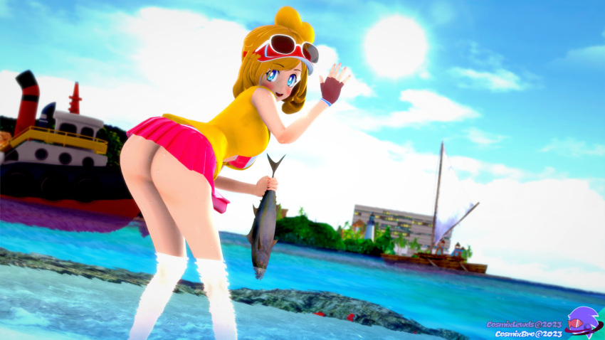 3d 3d_(artwork) ass ass_up bottomless coraline_(mii_plaza) cosmixlewds detailed_background detailed_shading female_only fish island koikatsu light-skinned_female light_blue_eyes light_skin looking_at_viewer mii nintendo nintendo_3ds ocean scenery standing streetpass_mii_plaza ultimate_angler waving_at_viewer yellow_hair