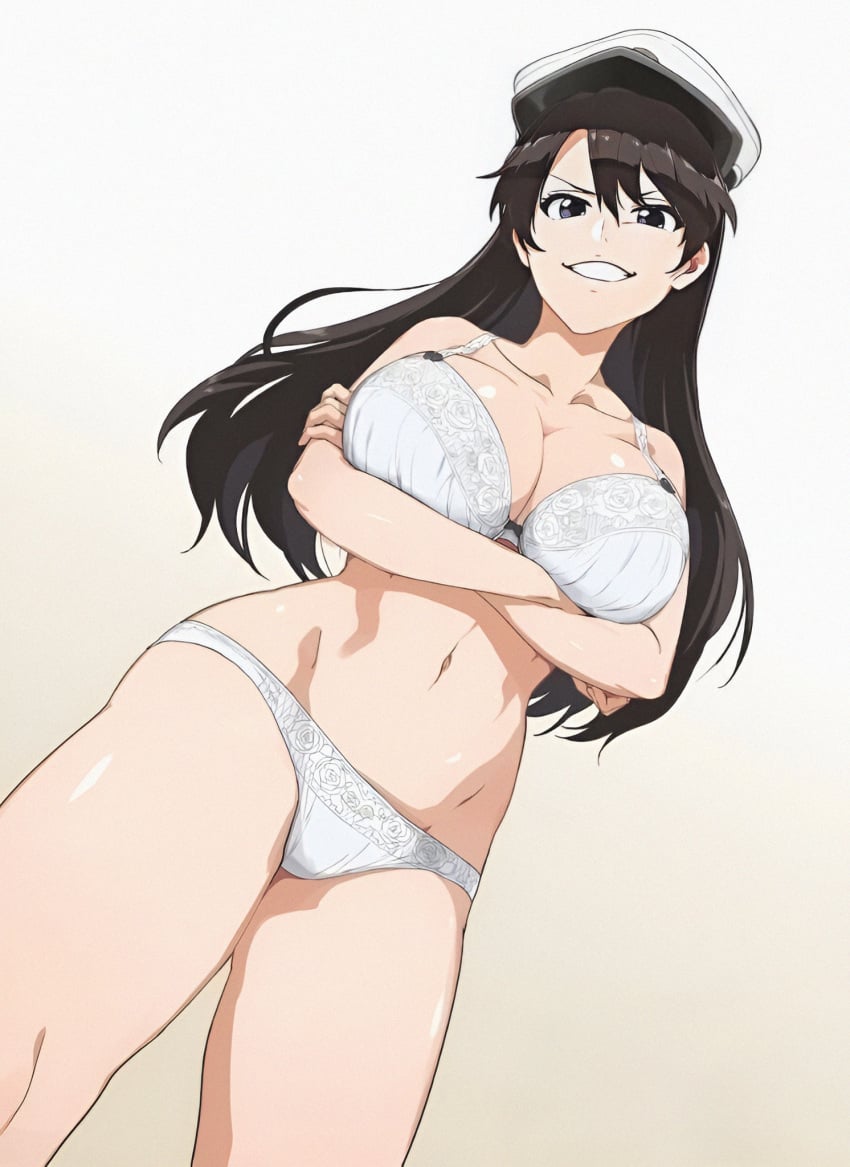 bambietta_basterbine bare_arms bare_shoulders belly black_hair bleach bleach:_sennen_kessen-hen bleach:_the_thousand-year_blood_war bra breasts cleavage crossed_arms female fxxk_your_anal hat highres large_breasts long_hair midriff military_hat navel panties peaked_cap quincy_(bleach) skeb smile smirk smug smug_face smug_grin solo underwear