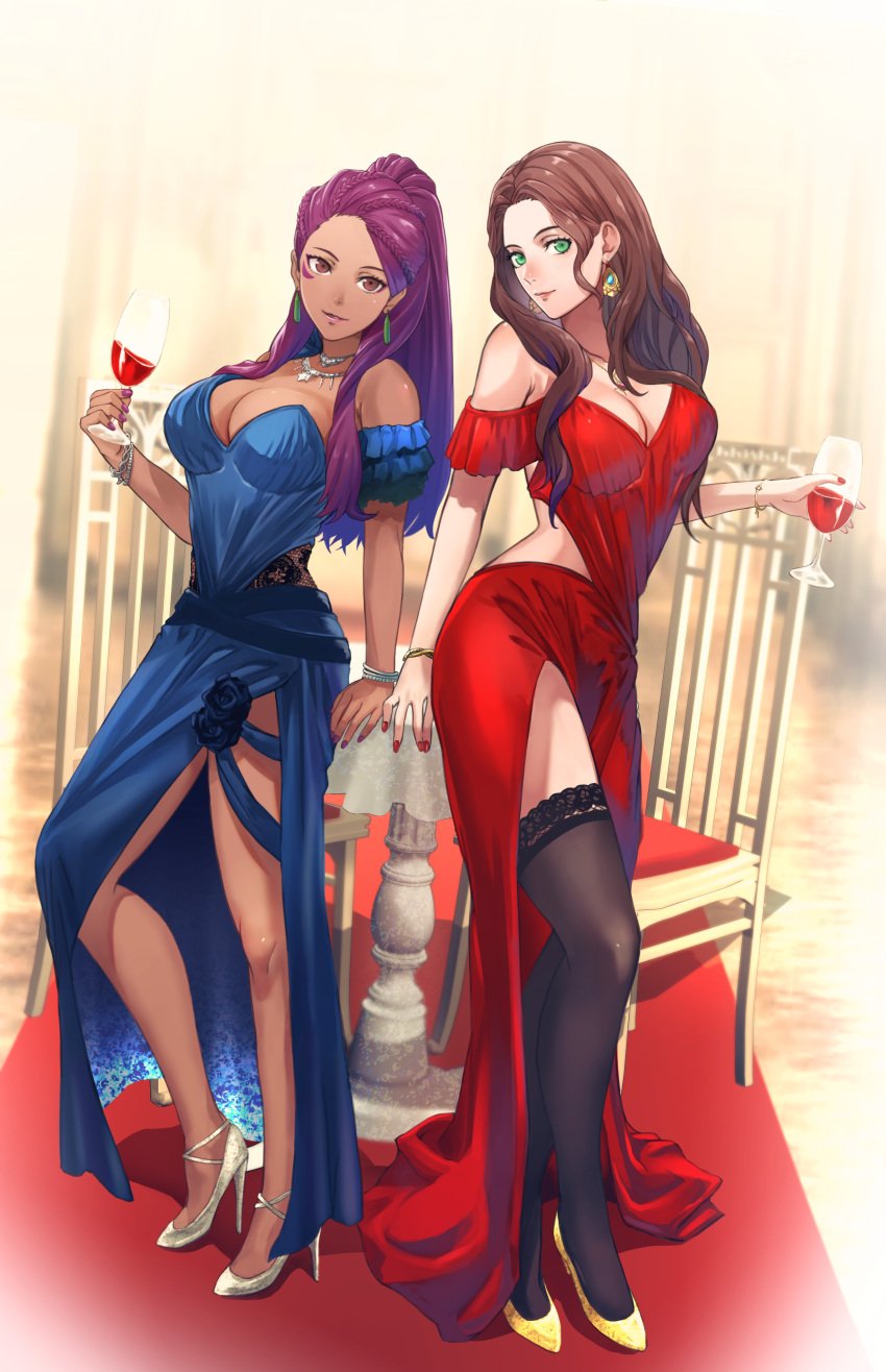 2girls absurdres alcohol alternate_costume bad_source bracelet braid braided_ponytail breasts brown_eyes brown_hair carpet chair cleavage commission cup dark-skinned_female dark_skin dorothea_arnault dress drinking_glass earrings facial_mark female female_only fire_emblem fire_emblem:_three_houses gauss_<bokashi green_eyes hair_pulled_back high_heels highres jewelry long_hair looking_at_viewer medium_breasts multiple_braids multiple_girls nail_polish nintendo off-shoulder_dress off_shoulder petra_macneary ponytail post-timeskip purple_hair skeb_commission table thighhighs wine wine_glass