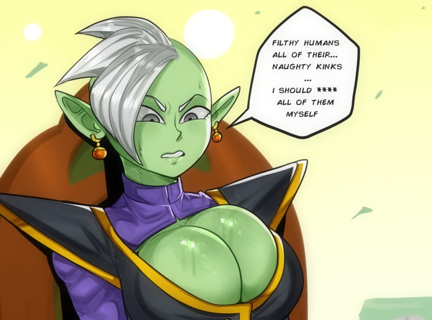 1girls big_breasts detnox dragon_ball dragon_ball_super english_text favorite female_zamasu green_body green_skin pointy_ears potara_earrings rule_63 short_hair speech_bubble sweat sweatdrop text white_hair zamasu