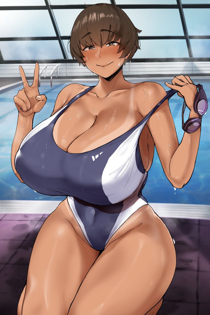 1girls big_breasts blush blushing breasts busty cleavage curvaceous curvy curvy_body curvy_female curvy_figure female huge_breasts large_breasts nodo original peace_sign puzenketsu short_hair smile smiling smiling_at_viewer swimming_goggles swimsuit tan_lines thick_thighs thighs tomboy voluptuous waan_(puzenketsu) wide_hips