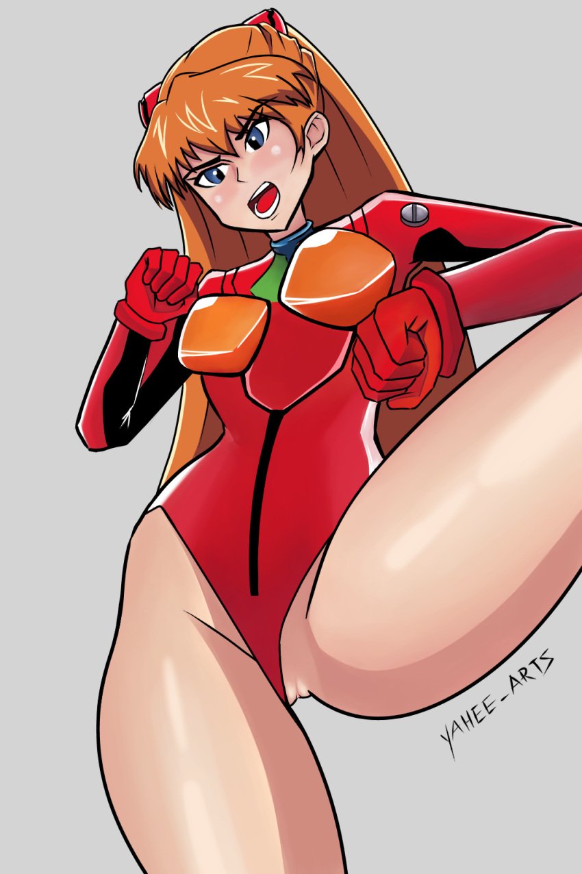 1girls asuka_langley_sohryu bare_thighs blue_eyes female female_only leotard_aside light-skinned_female light_skin long_hair low-angle_view neon_genesis_evangelion neopn_genesis_evangelion orange_hair plugsuit pussy revealing_clothes shiny_clothes simple_background solo thong thong_aside thong_leotard tight_clothing tsundere yahee