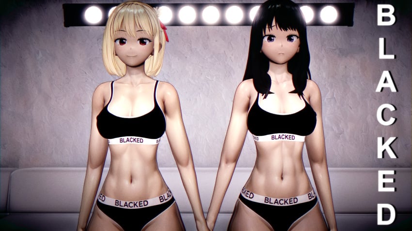 2girls 3d black_hair blacked blacked_clothing blonde_hair cleavage duo duo_focus frown hair_ribbon hi_res high_resolution holding_hands inoue_takina koikatsu long_hair looking_at_viewer lycoris_recoil medium_breasts navel nishikigi_chisato purple_eyes red_eyes self_upload short_hair sic_phuck smile sports_bra standing text underwear yuri