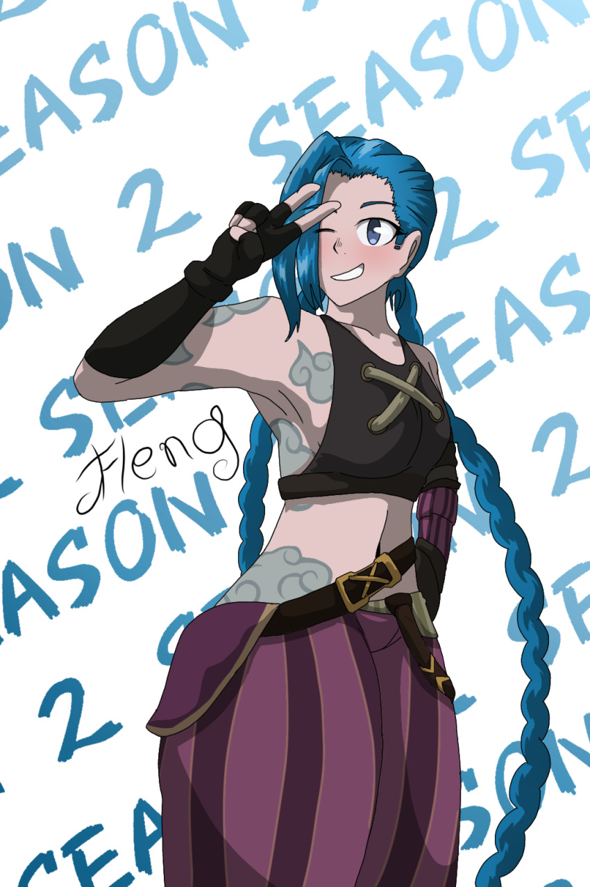 1girls arcane arcane_jinx blushing blushing_at_viewer clothed female female_focus female_only girl hips hips_wider_than_shoulders jfleng jinx_(league_of_legends) league_of_legends peace_sign riot_games thick thick_hips thick_legs thick_thighs wink