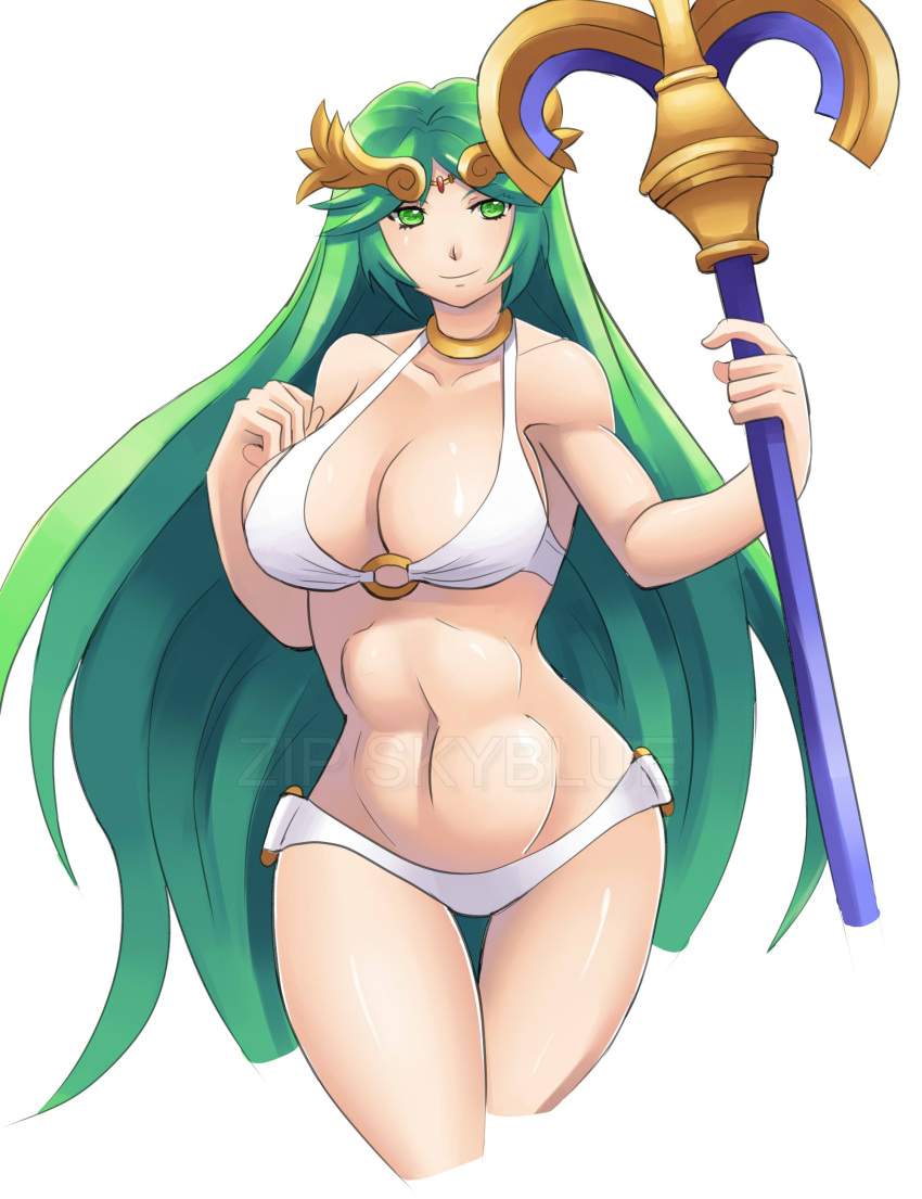 1girls abs alternate_breast_size alternate_costume big_breasts bikini breasts female green_eyes green_hair holding holding_object holding_staff kid_icarus looking_at_viewer medium_hair nintendo open_mouth palutena solo staff swimsuit watermark white_skin zipskyblue