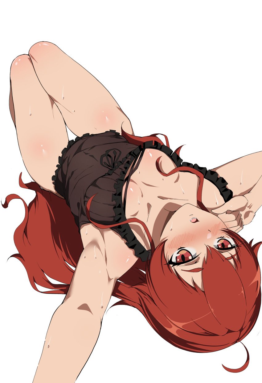 absurdres bare_arms black_nightgown black_ribbon black_shirt blush bottomless breasts cleavage eris_greyrat female frilled_shirt frills hair_between_eyes highres hukii long_hair looking_at_viewer looking_back lying mushoku_tensei nightgown on_back open_mouth red_eyes red_hair ribbon shiny_skin shirt simple_background small_breasts solo straight_hair sweat thigh_gap very_long_hair white_background