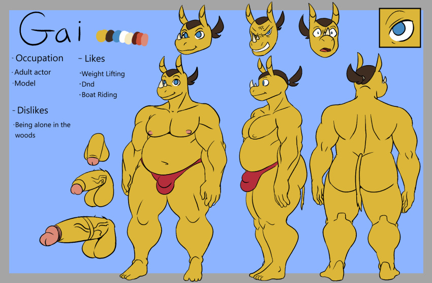 anthro ass balls blue_eyes cherryfox73 erection gai_(cherryfox73) genitals hair hi_res horn male male_focus male_only male_solo mammal muscular muscular_male nipples nude penis ponytail rhinocerotoid simple_background smile solo solo_male yellow_body yellow_skin