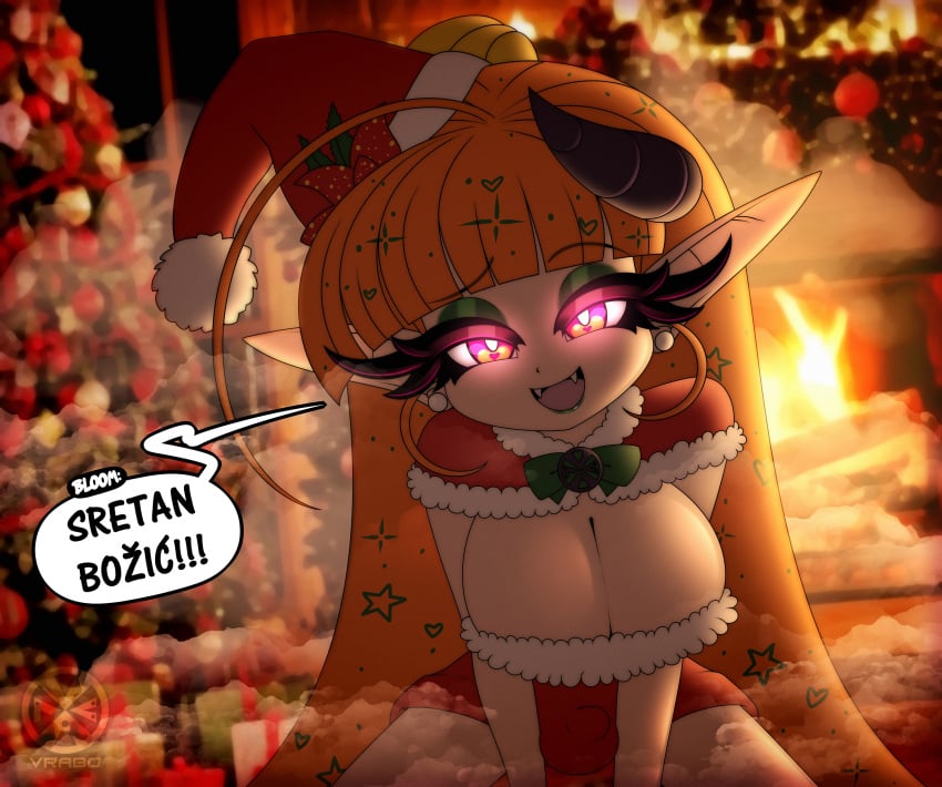 1futa 2023 absurd_res ahoge amulet bangs big_breasts bloom_(vrabo) bow_(feature) breasts bulge christmas christmas_clothing christmas_headwear cleavage cleavage_cutout cleavage_overflow clothed clothing costume cozy croatian_text dialogue dutch_angle ear_piercing ear_ring elf eyelashes eyeliner fangs fireplace fully_clothed futa_only futanari glowing glowing_eyes green_lips green_lipstick gynomorph hair hat headgear headwear hi_res holidays horn horny humanoid humanoid_pointy_ears hybrid intersex light-skinned_futanari light_skin lips lipstick long_ears long_hair looking_at_viewer makeup merry_christmas multicolored_eyes not_furry orange_hair piercing pink_eyes ring_piercing santa_costume santa_hat smile solo speech_bubble succubus talking_to_viewer teeth text vrabo