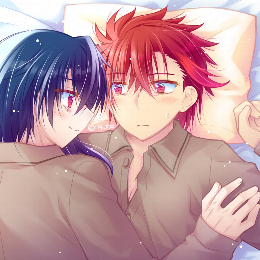 2boys alcryst_(fire_emblem) bed blue_hair diamant_(fire_emblem) femboy fire_emblem fire_emblem_engage looking_at_another male male_only medium_hair multiple_boys nervous nintendo on_back on_bed red_eyes red_hair sasaki_fumi shirt short_hair smile tearing_up tears yaoi