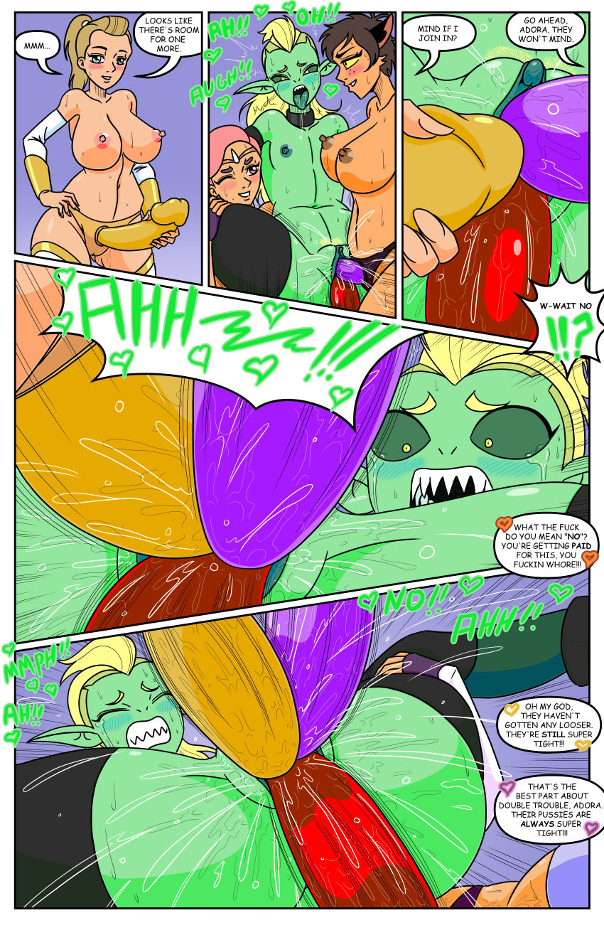 absurd_res adora ambiguous_gender blonde_hair blonde_pubic_hair blush blush catra comic crying double_trouble double_vaginal double_vaginal_penetration forced_penetration gangbang glimmer_(she-ra) green_body green_skin prostitution she-ra_and_the_princesses_of_power speech_bubble stretched_pussy sweat sweating thathornybastard thighhighs triple_vaginal