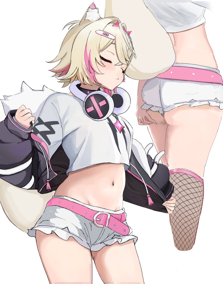 1girls animal_ears ass bandage belly belly_button belt blonde_hair blush choker closed_eyes dog_ears dog_girl dog_tail ear_tuft fishnet_stockings fully_clothed hair_between_eyes hair_ornament hairband headphones hololive hololive_english hololive_english_-advent- jacket jacket_off_shoulders midriff midriff_baring_shirt mococo_abyssgard short_hair short_shorts stockings streaked_hair tail thighs virtual_youtuber wanwan_(artist)