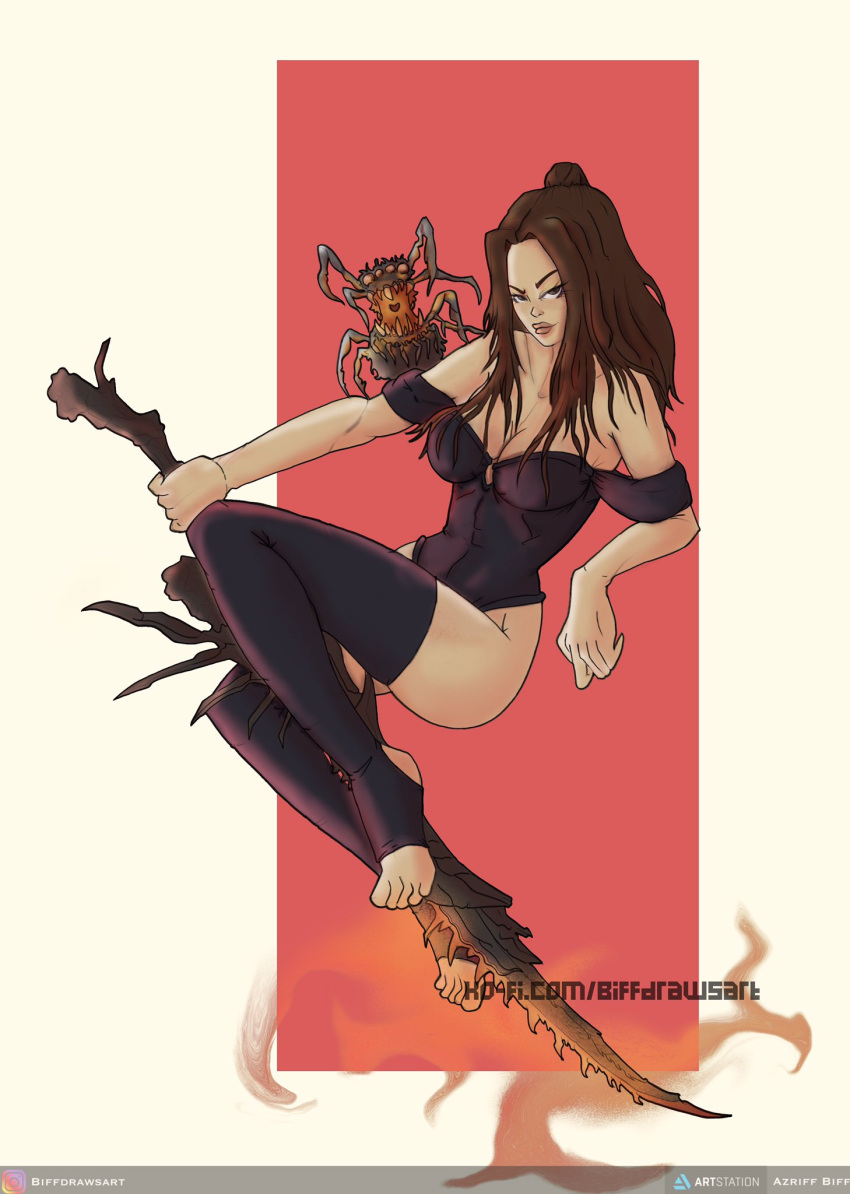 1girls biffdrawsart brown_eyes brown_hair chaos_witch_quelaag dark_souls demon demon_spider fromsoftware heart_in_mouth large_breasts lingerie long_hair looking_at_viewer monster orange_eyes ponytail smile solo spider sword thighhighs weapon