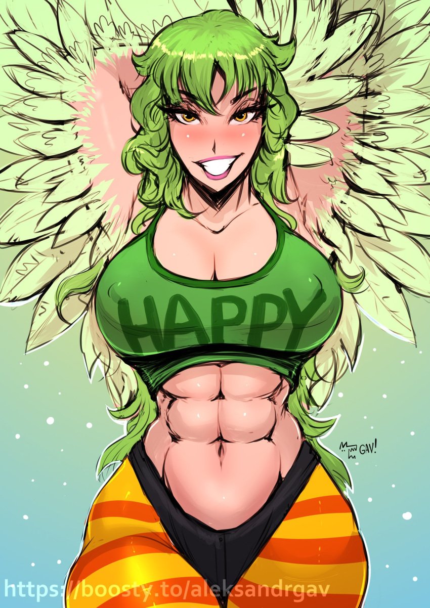 1girls abs aleksandrgav big_breasts blush clothed clothing female female_focus female_only green_hair large_breasts long_hair looking_at_viewer monet_(one_piece) muscular muscular_female nipples_visible_through_clothing one_piece smile solo solo_female wings