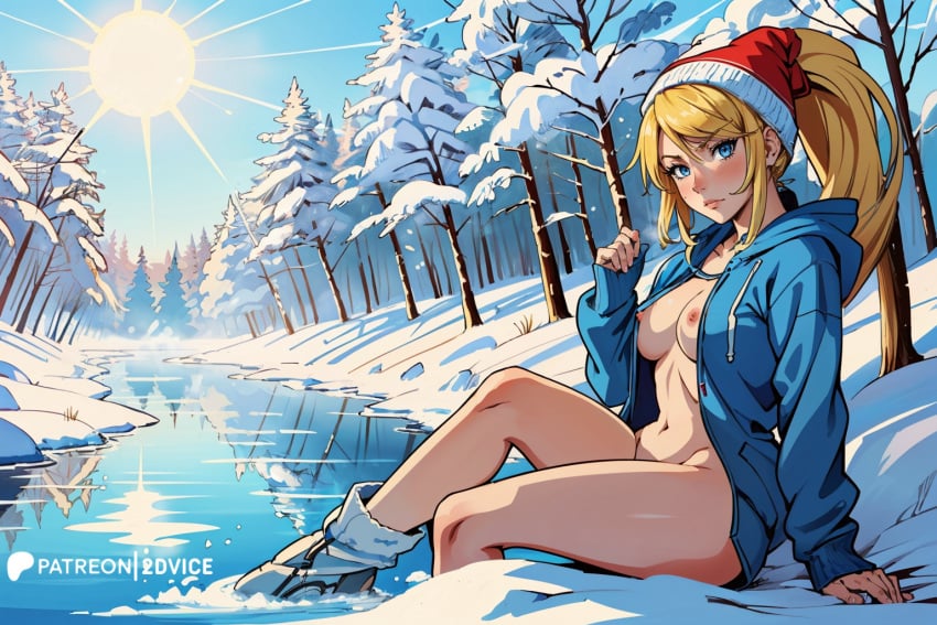 2d 2dvice ai_generated blonde_female blonde_hair blonde_hair_female blue_eyes christmas coat jacket lake long_hair looking_at_viewer lying metroid nintendo outdoor outdoors outside pussy samus_aran sitting snow video_game video_game_character video_games winter winter_clothes