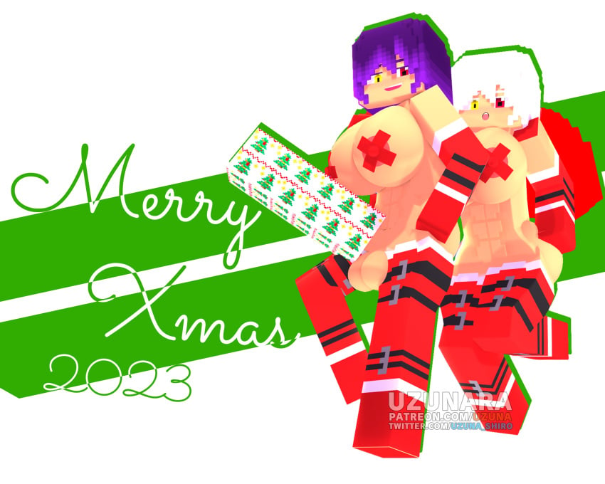 1futa 1girls 3d big_breasts christmas christmas_decorations christmas_outfit erect_nipples gift_box horny_female horny_futa looking_at_viewer mine-imator minecraft multicolored_eyes no_panties outside presenting purple_hair santa_bikini shika_(uzuna) sisters smile tagme uzunaart wet_pussy white_hair yuki_(uzuna)