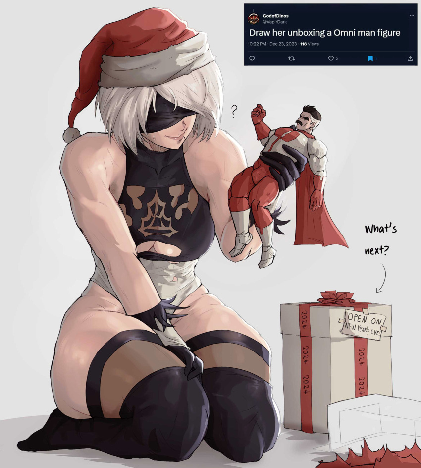 1girls ? action_figure big_ass big_breasts boob_window bulge bulge_through_clothing christmas crossover eastern_and_western_character female huge_ass invincible kneeling light-skinned_female meme new_year nier:_automata now_draw_her omni-man santa_hat thick_thighs twitter wholesome yoracrab yorha_2b