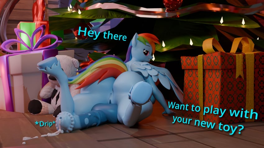 2023 3d animal_genitalia animal_penis anonymousfm anthro anus ass balls blue_body blue_feathers blue_fur bodily_fluids breasts christmas christmas_present christmas_tree cum english_text equid equine equine_genitalia feathered_wings feathers friendship_is_magic fur furry futanari genital_fluids genitals gift hasbro highres holidays horse intersex looking_at_viewer mammal multicolored_hair my_little_pony nude pegasus penis plant pony pussy rainbow_dash_(mlp) rainbow_hair solo tail testicles text tree wings