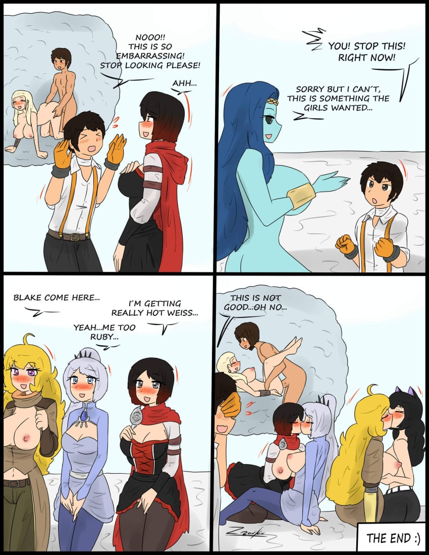 1boy big_breasts black_hair blake_belladonna blonde_hair blue_hair breasts comic comic_page english_text female hetero horny horny_female jinn_(rwby) male multiple_girls nipples older_female oscar_pine ozma red_hair ruby_rose rwby salem_(rwby) text weiss_schnee white_hair yang_xiao_long younger_female younger_male yuri zronku