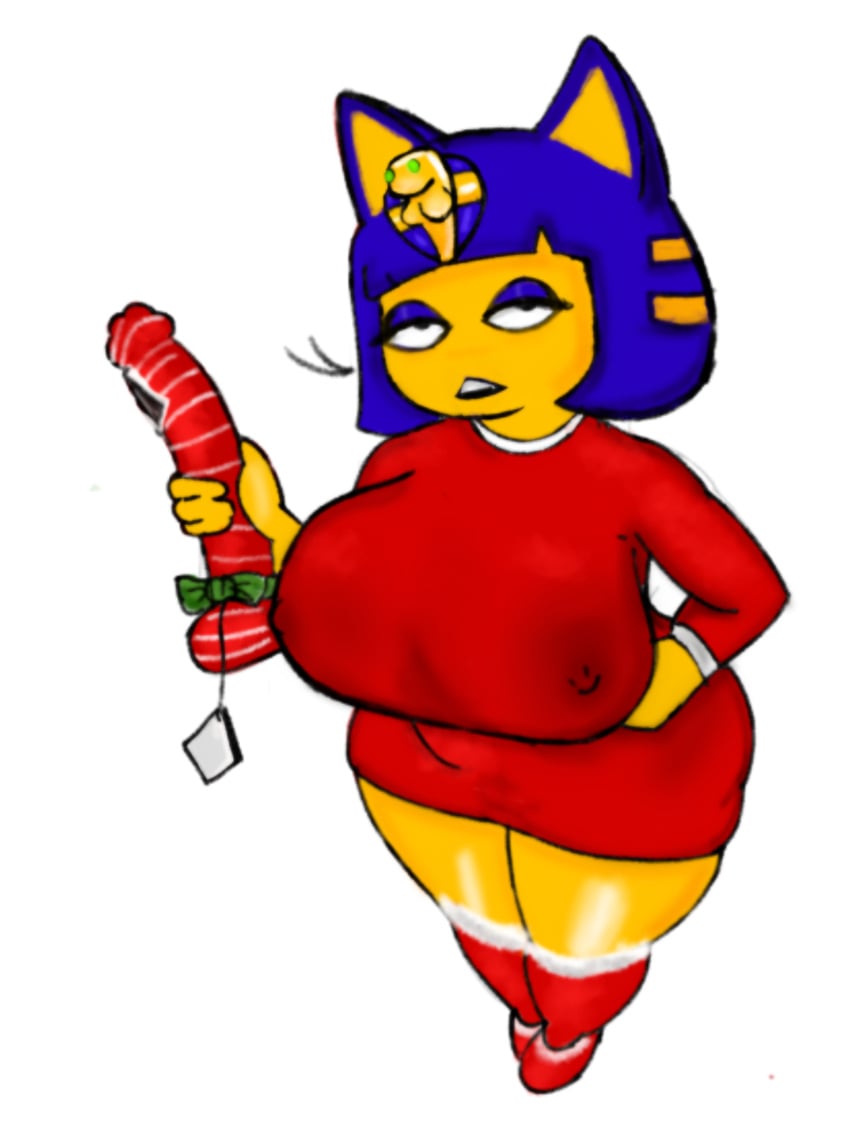 alpha_channel animal_crossing ankha ankha_(animal_crossing) anthro blue_hair bow_ribbon christmas christmas_clothing clothed clothing dialogue dildo erect_nipples eye_roll eyelashes felid female fur gift hair hi_res holidays jewelry jojispoon88 legwear mammal nintendo nipple_outline nipples sarcasm sex_toy shes slightly_chubby solo stockings yellow_body yellow_fur