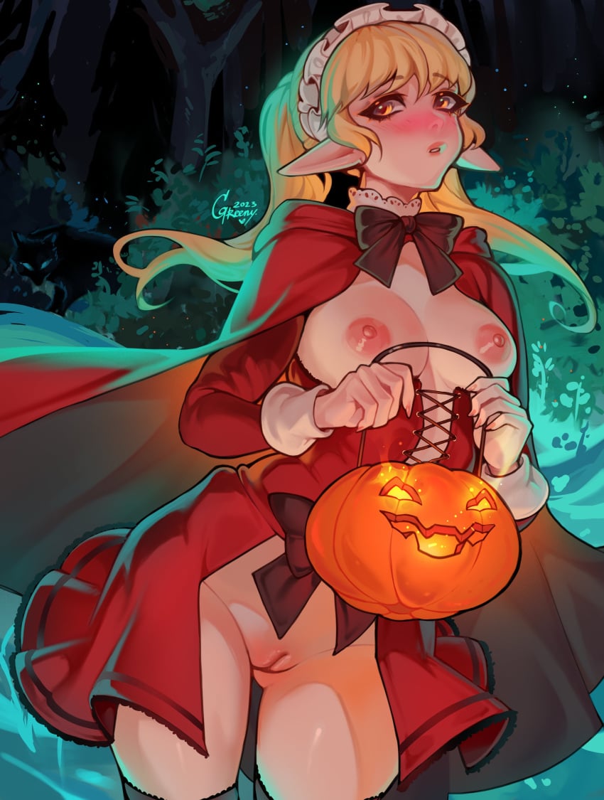 1girls big_nipples blonde_hair blush boob_window bush cape corset costume forest greenu halloween innie_pussy jack-o'-lantern light_skin lingerie little_red_riding_hood maid_headdress medium_breasts night outside pointy_ears public_domain pumpkin pussy pussy_cutout ribbon shy skirt solo thigh_gap thighhighs tree yellow_eyes