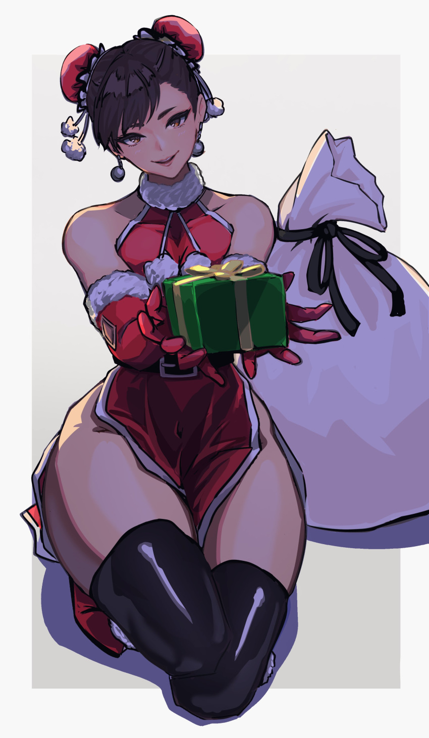 absurdres ap_cammy bare_shoulders border brown_eyes brown_hair bun_cover capcom christmas_clothing christmas_outfit chun-li commentary_request double_bun dress female full_body fur-trimmed_gloves fur_trim gift gloves grey_background hair_bun highres holding holding_gift kneeling looking_at_viewer open_mouth pink_lips red_gloves short_hair sleeveless sleeveless_dress smile solo street_fighter teeth thick_thighs thighs upper_teeth_only white_border