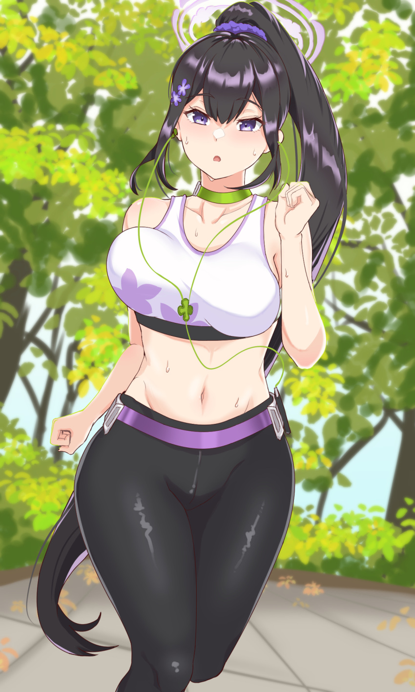 :o athletics_training_club_(blue_archive) bare_shoulders black_hair black_pants blue_archive bouncing_breasts breasts choker chopin_oekaki clenched_hands collarbone commentary_request cowboy_shot earphones female flower green_choker groin hair_between_eyes hair_flower hair_ornament hair_scrunchie halo hand_up highres large_breasts long_hair looking_at_viewer midriff millennium_science_school_student navel pants ponytail purple_eyes purple_scrunchie running scrunchie sidelocks solo sports_bra sumire_(blue_archive) sweat very_long_hair white_sports_bra yoga_pants