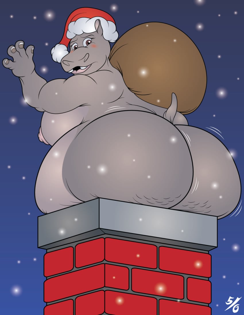 2023 4_fingers 50percentgrey anthro ass big_breasts big_butt blush breasts butt cellulite chimney christmas christmas_clothing christmas_headwear clothing common_hippopotamus dreamworks female fingers gloria_the_hippopotamus hat hat_only headgear headgear_only headwear headwear_only hi_res hippopotamid holidays looking_back madagascar_(series) mammal mostly_nude nipples nude obese obese_anthro obese_female open_mouth overweight overweight_anthro overweight_female raised_tail rear_view sack santa_hat side_boob signature snow snowing solo stuck stuck_in_chimney tail teeth