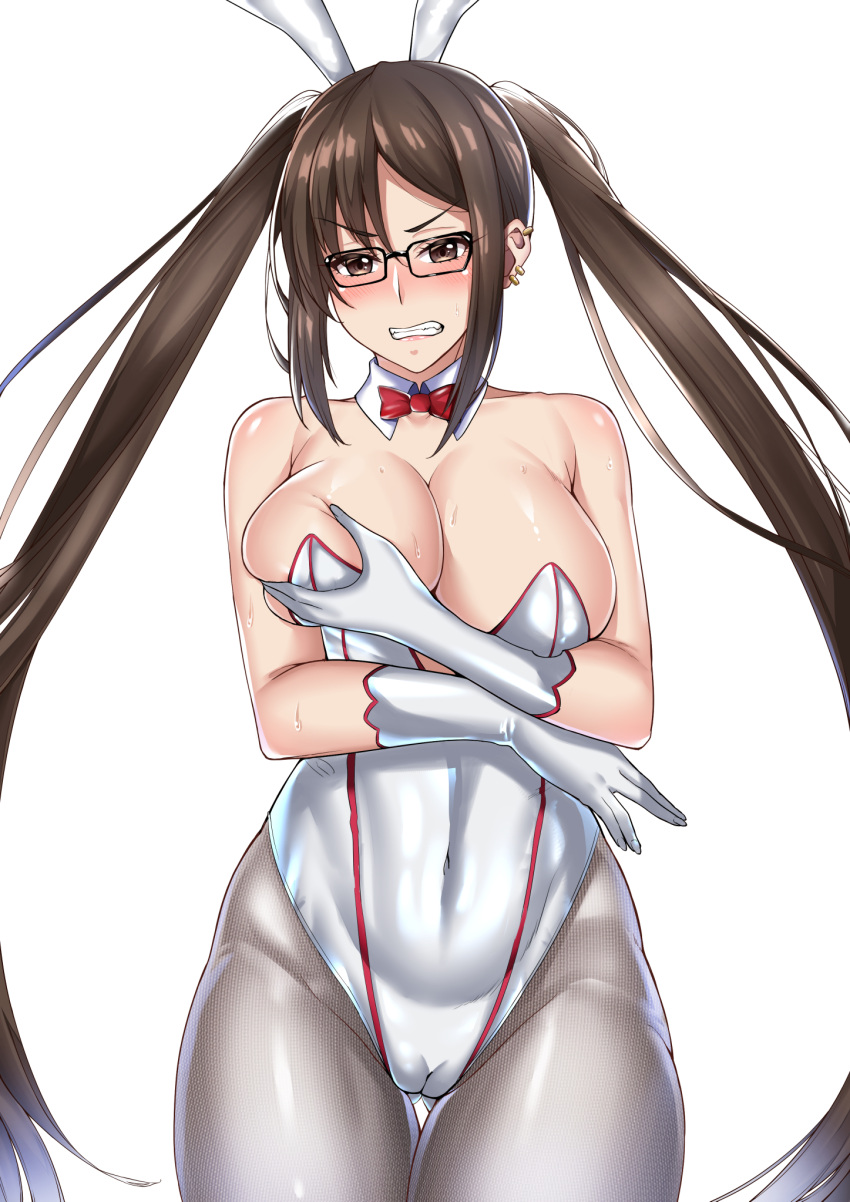 akuta_hinako alternate_costume animal_ears black-framed_eyewear bow bowtie breasts brown_eyes brown_hair cameltoe covered_navel cowboy_shot detached_collar earrings fake_animal_ears fate/grand_order fate_(series) female glasses gloves grabbing_own_breast grey_pantyhose hairband highleg highleg_leotard highres jewelry large_breasts lc_7v2 leotard long_hair multiple_earrings pantyhose playboy_bunny rabbit_ears red_bow red_bowtie simple_background solo standing strapless strapless_leotard twintails very_long_hair white_background white_gloves white_hairband white_leotard