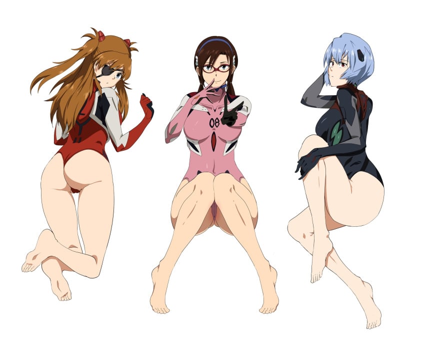 3girls ass asuka_langley_sohryu barefoot blue_eyes blue_hair breasts brown_hair eyepatch finger_to_face highres hukii interface_headset large_breasts leotard long_hair looking_at_viewer lying mari_illustrious_makinami multiple_girls neon_genesis_evangelion on_back on_side on_stomach pilot_suit plugsuit rebuild_of_evangelion red-framed_eyewear rei_ayanami science_fiction short_hair smile soles thighs toes twintails v