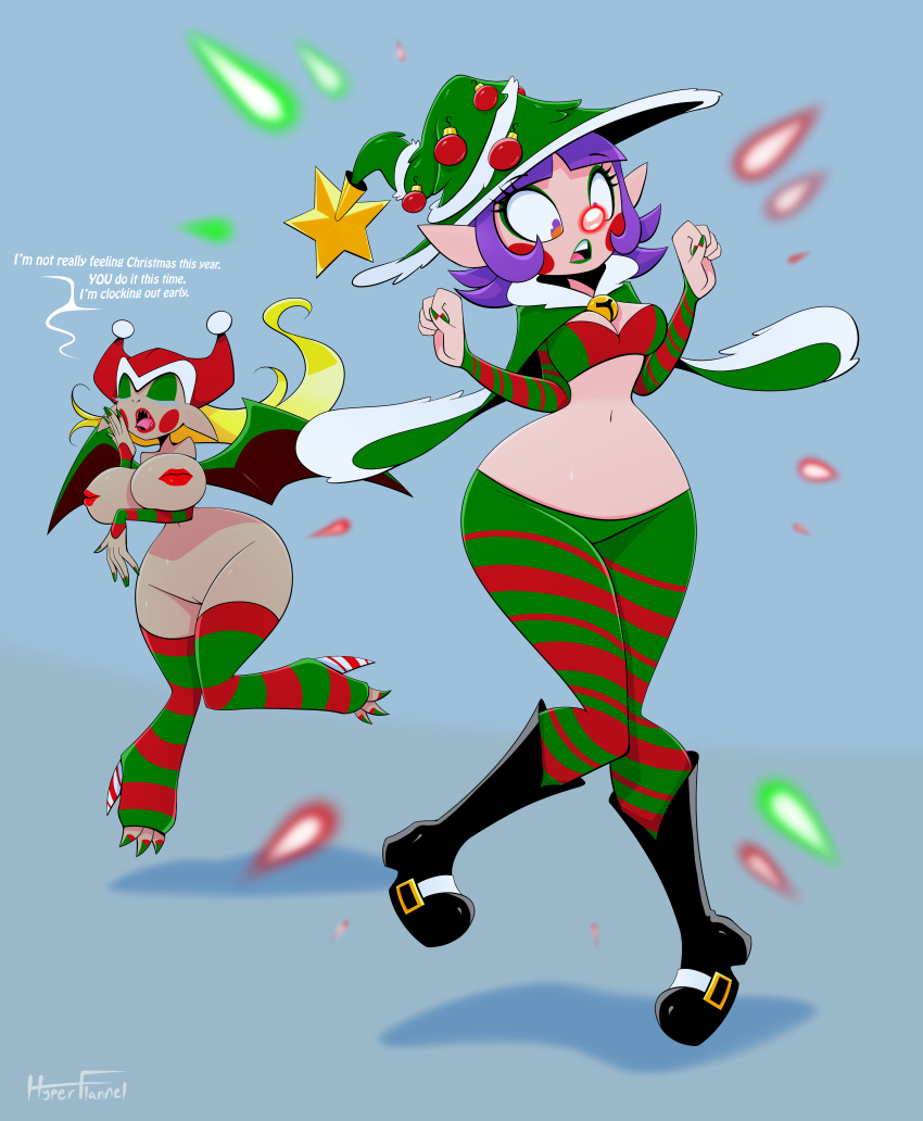 big_breasts big_breasts blonde_hair christmas cleavage elf elf_ears elf_girl glowing_nose hourglass_figure huge_boobs huge_breasts hyperflannel lipples midriff oc original_character pointed_ears purple_hair sharp_teeth succubus thick_thighs thin_waist wide_hips witch witch_hat