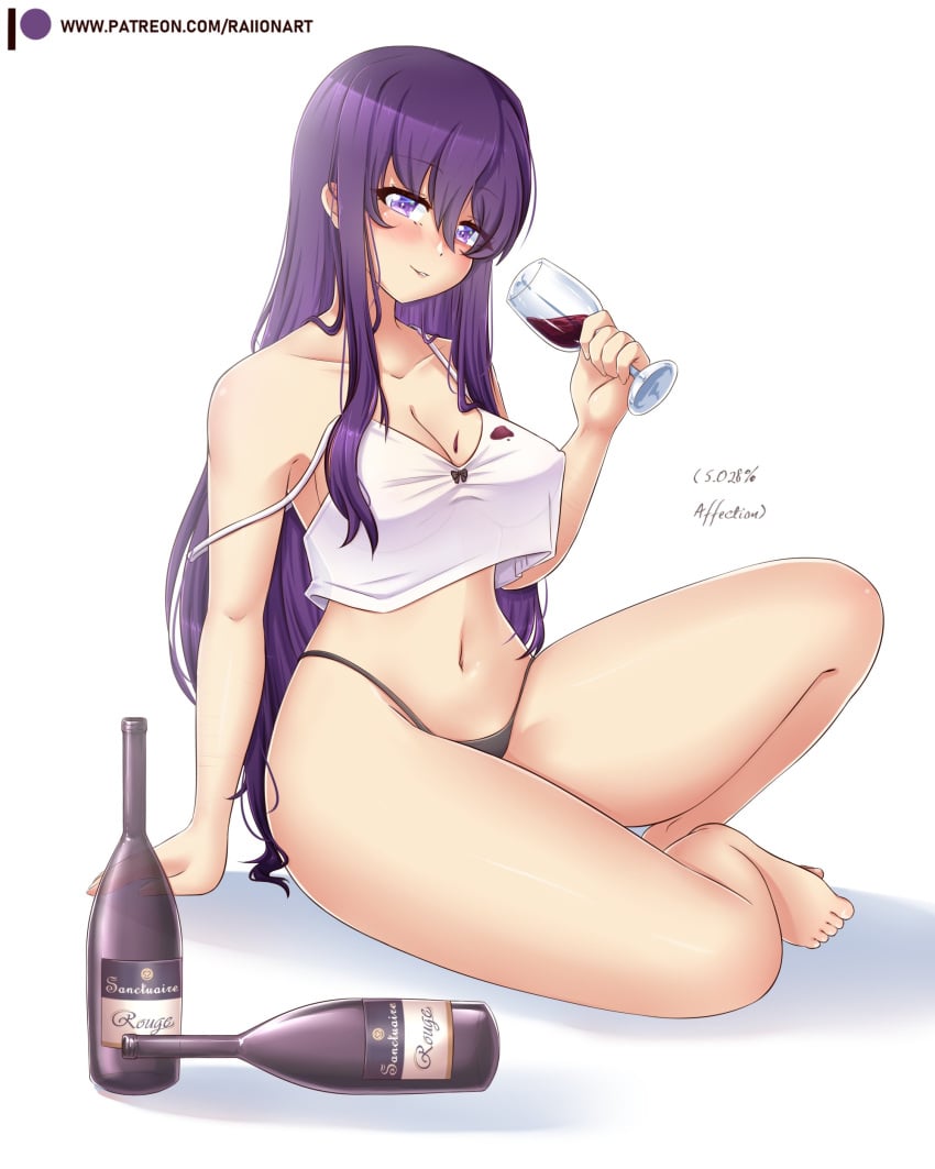 bare_legs bare_shoulders bare_thighs barefoot belly_button big_breasts black_thong blush doki_doki_literature_club drunk feet hard_nipples long_hair no_pants panties purple_eyes purple_hair raionart sitting_on_floor smile smiling thick thick_ass thick_thighs thong topwear underwear wine wine_bottle wine_glass yuri_(doki_doki_literature_club)