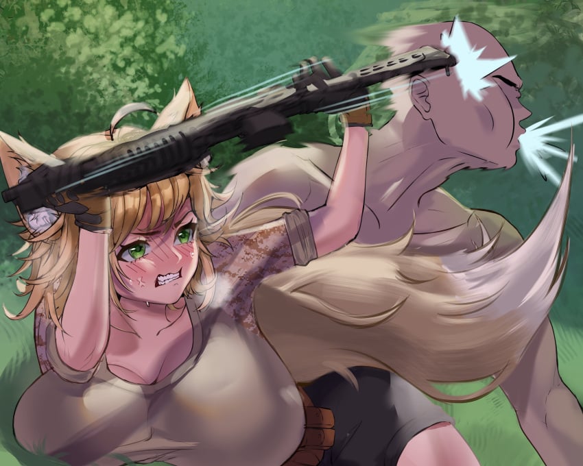 big_breasts blonde blonde_female blonde_hair camo camouflage caught caught_off_guard dako_(beehaan) embarrassed firearm fox_ears fox_girl fox_tail gun himiko_yuna huge_breasts large_breasts m203 military original_character prone rifle rifleviolence surprised tail_grab