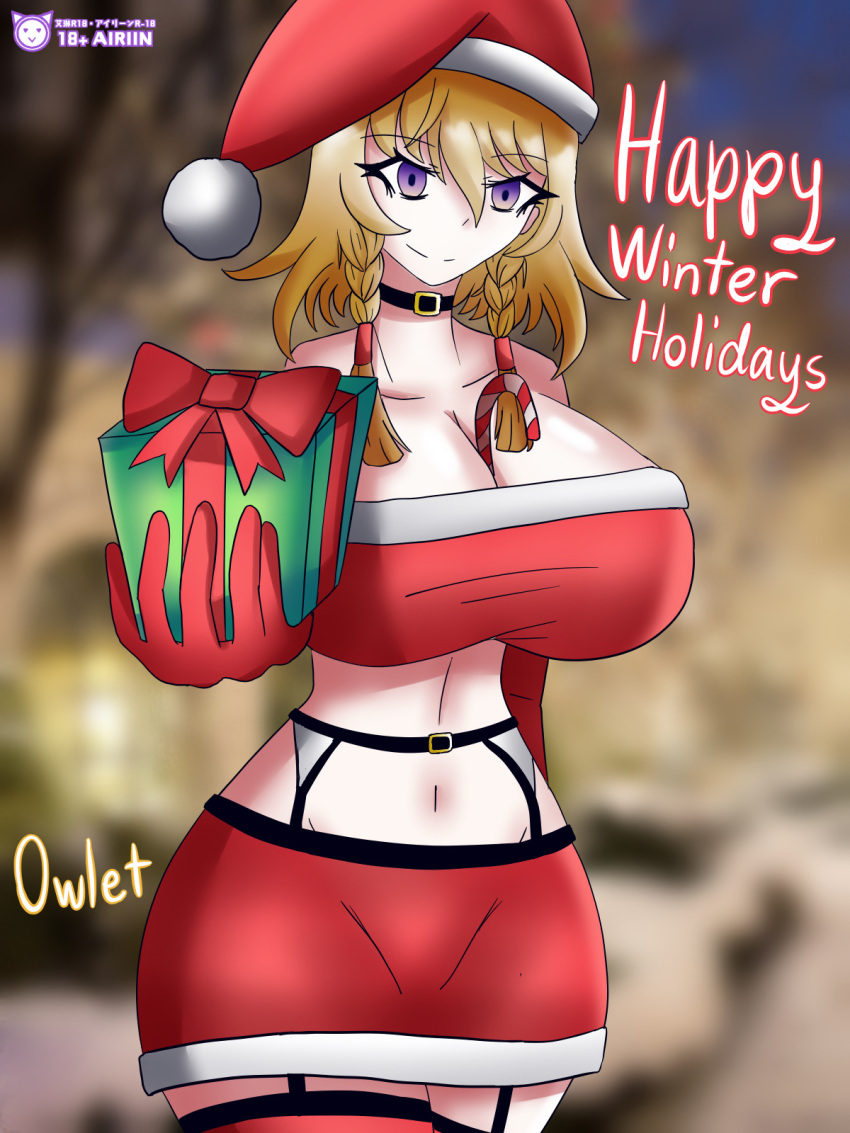 1girls airiin220 belly_button big_breasts black_rose:_kotonoha_project_2nd_season blonde_hair braid choker christmas christmas_outfit christmas_present cleavage female_only genderswap_(mtf) kotonoha_project maimai_(game) owl_(kotonoha_project) owlet purple_eyes rule_63 santa_costume santa_hat sega short_hair smile stockings text vocaloid