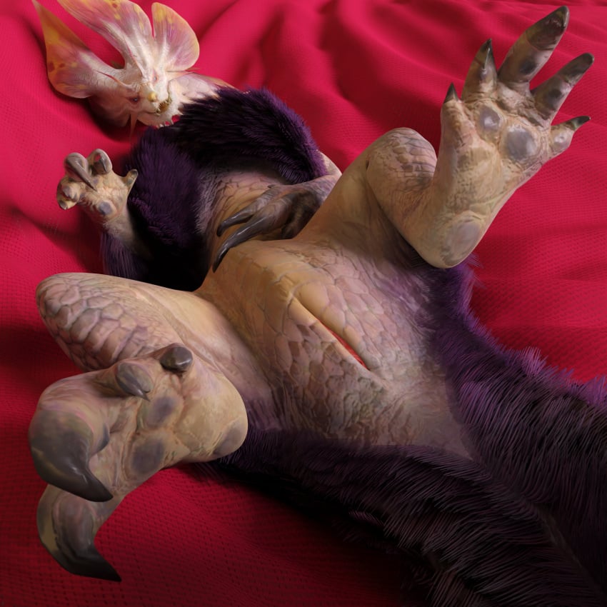 1:1 1girls 2021 3d_(artwork) ambiguous_gender animal_genitalia bed_sheet bedding blender_(software) blue_eyes capcom claws cloaca digital_media_(artwork) feet feral fluffy fluffy_chest fluffy_tail foot_focus fur furry genitals hair hand_on_stomach hi_res ivorylagiacrus legs_up leviathan_(mh) looking_at_viewer lying mizutsune monster_hunter nude on_back open_mouth paws pink_body pink_scales presenting presenting_cloaca purple_body purple_fur purple_hair red_background scales scalie seductive simple_background solo spread_legs spreading teeth toe_claws vertical_cloaca video_games white_body white_scales