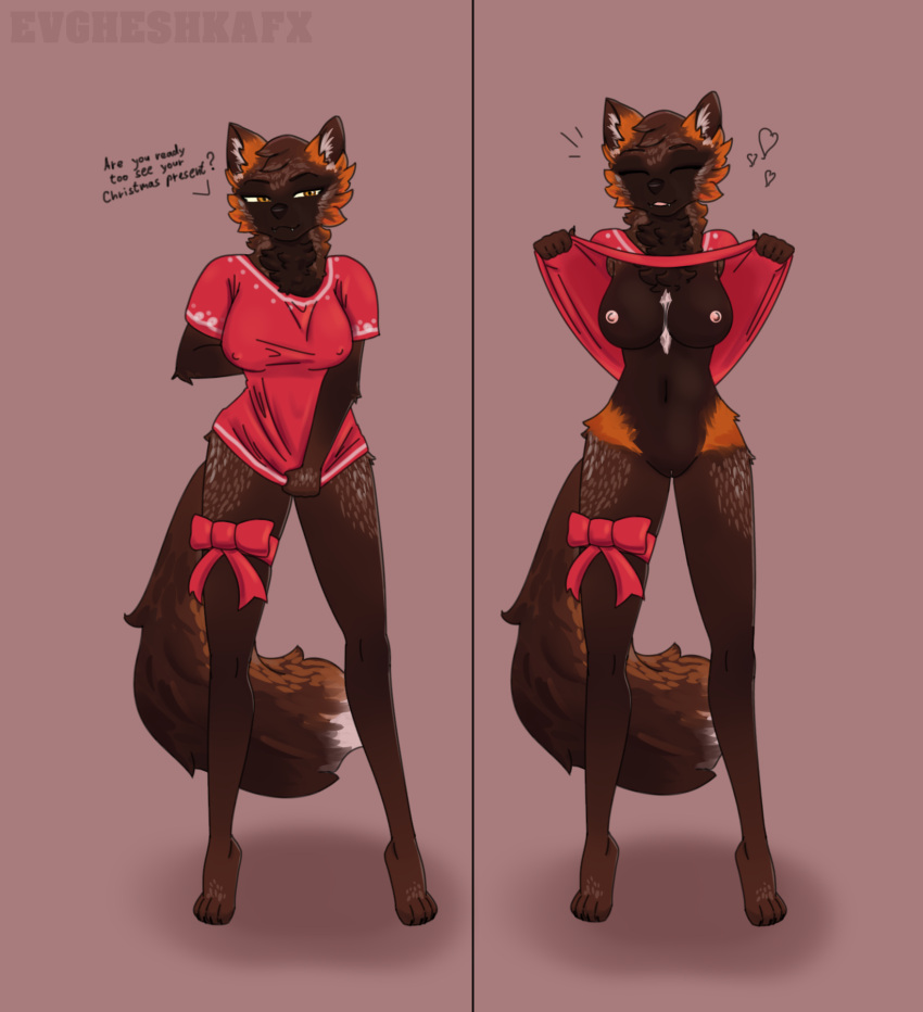 anthro bow_ribbon breasts brown_body brown_fur canid canine christmas christmas_clothing clothed clothing clothing_lift clothing_pull evgheshkafx female feral fluffy fox fur genitals helle_(dehelleman) hi_res holidays mammal orange_body orange_fur pussy red_clothing red_fox red_shirt red_topwear shirt shirt_lift simple_background smile smiling_at_viewer smirk smirking_at_viewer solo text topwear